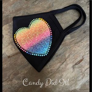 NWT Handmade Candy Did It! Rainbow Heart Bling Black Double Layer Face Mask